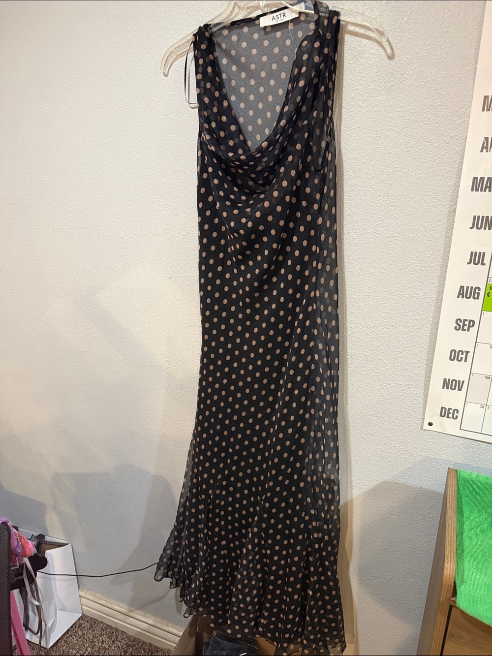 Astr Black Maxi Slip Dress with Tan Polka Dots